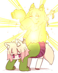 Rule 34 | 1girl, all fours, animal ear fluff, animal ears, bell, blonde hair, collar, dual persona, ecdysis, empty eyes, fox ears, fox tail, glowing, green shirt, hair between eyes, hair ornament, hair stick, hands up, highres, jingle bell, jitome, kemomimi-chan (naga u), long hair, medium hair, naga u, no mouth, original, pleated skirt, red collar, red eyes, red footwear, red skirt, sandals, shedding, shirt, sidelocks, simple background, skirt, sleeves past fingers, sleeves past wrists, sparkle, spirit, tail, thighhighs, v-shaped eyebrows, very long hair, white background, white thighhighs, zettai ryouiki, zouri