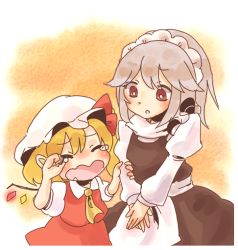 Rule 34 | 2girls, blonde hair, commentary request, crying, closed eyes, flandre scarlet, hair ribbon, hat, izayoi sakuya, long sleeves, mob cap, multiple girls, open mouth, red ribbon, ribbon, short hair, short sleeves, tears, touhou, wataame (quality), wavy mouth