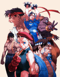 Rule 34 | 1990s (style), 2girls, 4boys, abs, ahoge, antenna hair, arms up, beret, black hair, blonde hair, blue eyes, bracelet, braid, bun cover, cammy white, capcom, china dress, chinese clothes, chun-li, clenched hand, dee jay, double bun, dress, edaki shin&#039;ya, everyone, facepaint, feathers, fei long, fingerless gloves, food, gloves, grin, hair bun, hat, headband, highres, jewelry, leotard, long hair, mexico, multiple boys, multiple girls, muscular, native american, necklace, noodles, open mouth, pantyhose, retro artstyle, ryu (street fighter), scar, smile, spiked bracelet, spikes, street fighter, street fighter ii (series), thunder hawk, topless male, twin braids, udon, very long hair