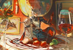 Rule 34 | 2girls, alcohol, alina (arknights), antlers, arknights, ascot, black ascot, black cape, black dress, black jacket, blood, blood on hands, broccoli, candle, cape, closed mouth, cup, dragon horns, dress, drinking glass, expressionless, flower, full body, grey eyes, grey hair, hair between eyes, highres, holding, holding sword, holding weapon, horns, jacket, kuilaogouhuabudongle, long hair, long sleeves, multiple girls, open clothes, open jacket, photo (object), picture frame, plate, red flower, red rose, rose, shirt, sword, talulah (arknights), tomato, vase, weapon, white hair, white shirt, wine, wine glass