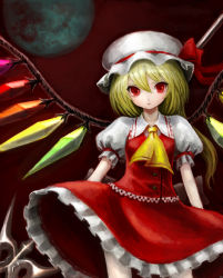 Rule 34 | 1girl, bad id, bad pixiv id, blonde hair, blouse, collared shirt, embodiment of scarlet devil, female focus, flandre scarlet, gradient background, hair between eyes, hat, hiro1984, mob cap, ponytail, red background, red eyes, shirt, short hair, side ponytail, solo, touhou, white hat, white shirt, wings