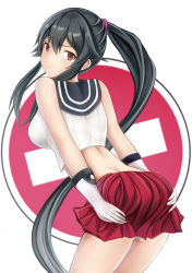 Rule 34 | 10s, 1girl, black hair, breasts, brown eyes, crop top, crop top overhang, from behind, frown, gloves, kantai collection, large breasts, long hair, looking at viewer, looking back, midriff, miniskirt, nannacy7, personification, ponytail, sailor collar, school uniform, serafuku, skirt, sleeveless, solo, very long hair, white gloves, yahagi (kancolle)