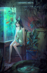 Rule 34 | 1girl, animal ear fluff, animal ears, black hair, breasts, chair, closed mouth, diami, dress, fish, fish tank, goldfish, grey eyes, highres, indoors, long hair, on chair, original, plant, potted plant, short dress, sitting, sleeveless, sleeveless dress, small breasts, solo, white dress