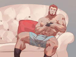Rule 34 | 1boy, abs, absurdres, bara, beard, blue male underwear, boxers, bulge, commission, couch, facial hair, fate/grand order, fate/zero, fate (series), guoguo, handheld game console, highres, iskandar (fate), large pectorals, looking at viewer, male focus, male underwear, mature male, muscular, muscular male, navel hair, on couch, pectorals, red eyes, red hair, short hair, smile, socks, solo, spread legs, stomach, underwear, underwear only