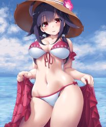 Rule 34 | 1girl, ahoge, bare shoulders, bikini, blue sky, blush, breasts, cleavage, cloud, collarbone, day, dd (ijigendd), flower, front-tie top, hair flaps, hair ornament, halterneck, halterneck, hat, hat flower, highres, kantai collection, large breasts, long hair, looking at viewer, low twintails, navel, ocean, outdoors, pink flower, purple hair, red eyes, ryuuhou (kancolle), sarong, skindentation, sky, smile, solo, standing, straw hat, string bikini, swimsuit, taigei (kancolle), twintails, white bikini
