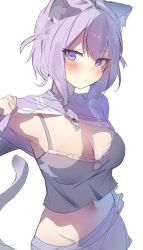 Rule 34 | 1girl, animal ears, black camisole, breasts, camisole, cat ears, cat girl, cleavage, cleavage cutout, clothes lift, clothing cutout, hand on own hip, highres, hololive, jacket, jacket lift, large breasts, lifting own clothes, looking at viewer, medium hair, nekomata okayu, nekomata okayu (membership), official alternate costume, orobou, purple eyes, purple hair, purple jacket, purple shorts, shorts, solo, two side up, virtual youtuber