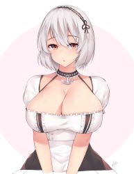Rule 34 | 1girl, anchor, azur lane, blush, breasts, choker, collarbone, eyes visible through hair, hair between eyes, hairband, kuavera, lace-trimmed hairband, lace trim, large breasts, looking at viewer, maid, parted lips, puffy sleeves, red eyes, ribbon, short sleeves, sidelocks, signature, sirius (azur lane), solo, white hair