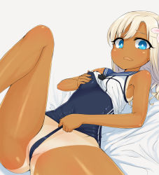 Rule 34 | 10s, 1girl, ass, bad id, bad pixiv id, blonde hair, blue eyes, breasts, clothes lift, clothes pull, crop top, flower, frontal wedgie, grabbing own breast, hair flower, hair ornament, highres, kantai collection, leg up, looking at viewer, lying, nipples, on back, one-piece swimsuit pull, one-piece tan, open mouth, pussy, ro-500 (kancolle), sailor collar, school swimsuit, self wedgie, shirt lift, small breasts, solo, swimsuit, swimsuit under clothes, tan, tanline, tear tear0320, wavy mouth, wedgie