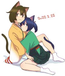 Rule 34 | 2girls, :3, animal ears, blue hair, brown eyes, brown hair, cat day, cat ears, cat tail, dated, hair ribbon, hiryuu (kancolle), iwana, japanese clothes, kantai collection, kimono, looking at another, looking at viewer, multiple girls, one eye closed, one side up, ribbon, short hair, simple background, sitting, souryuu (kancolle), tail, twintails, white background, white ribbon, wide sleeves