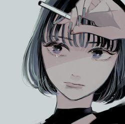 Rule 34 | 1girl, cigarette, crying, crying with eyes open, hand up, highres, holding, holding cigarette, looking at viewer, original, portrait, richard-kun, short hair, simple background, tears, watermark