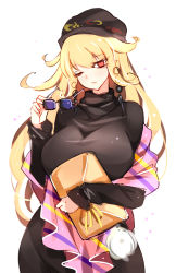 Rule 34 | 1girl, black dress, black hat, blonde hair, breasts, dress, earrings, eyelashes, hat, highres, jewelry, junko (touhou), large breasts, long hair, looking at viewer, one-hour drawing challenge, one eye closed, raptor7, red eyes, shawl, simple background, solo, sunglasses, sunglasses removed, touhou, turtleneck, upper body, white background