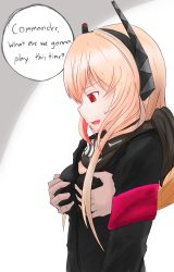 Rule 34 | absurdres, acc123211, armband, black scarf, black shirt, grabbing another&#039;s breast, breasts, commander (girls&#039; frontline), commentary, english text, girls&#039; frontline, grabbing, headgear, highres, looking at hands, m4 sopmod ii (girls&#039; frontline), medium breasts, multicolored hair, naughty face, open mouth, red eyes, scarf, shirt, simple background