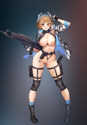 Rule 34 | 1girl, absurdres, bad id, bad pixiv id, belt, belt pouch, black footwear, black gloves, blue one-piece swimsuit, blue socks, boots, breasts, brown eyes, brown hair, brownie (last origin), chest strap, contrapposto, elbow pads, fingerless gloves, full body, gloves, glowing, grey background, gun, halterneck, head-mounted display, highleg, highleg swimsuit, highres, holding, holding weapon, holster, jacket, knee pads, large breasts, last origin, navel, nipples, one-piece swimsuit, open clothes, open jacket, open mouth, pouch, pussy, pussy juice, rifle, sangobob, short hair, socks, solo, standing, sweat, swimsuit, thigh holster, thigh strap, third-party edit, torn clothes, torn gloves, torn jacket, torn swimsuit, utility belt, weapon