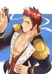 Rule 34 | 1boy, abs, beard, blue eyes, brown hair, cigar, collar, epaulettes, facial hair, fate/grand order, fate (series), fringe trim, goatee, highres, jacket, long sideburns, long sleeves, looking at viewer, pectoral cleavage, male focus, manly, military, military uniform, muscular, napoleon bonaparte (fate), niichi21, open clothes, open jacket, open shirt, pectorals, scar, sideburns, smile, solo, unbuttoned, uniform