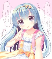 Rule 34 | 1girl, :d, backpack, bag, blue hair, blush, bow, brown eyes, collarbone, dress, fingernails, flying sweatdrops, hair between eyes, hair bow, hairband, hand up, long hair, open mouth, orange bow, original, outstretched arm, pink background, randoseru, riria (happy strawberry), sleeveless, sleeveless dress, smile, solo, sweat, translation request, two-tone background, v, very long hair, white background, white dress, yellow bow, yellow hairband