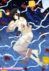 Rule 34 | 1girl, absurdres, afloat, bandages, barefoot, black hair, blunt bangs, brown eyes, copyright request, floating hair, flower, from above, hair flower, hair ornament, hazumi rio, highres, hzumi rio, japanese clothes, kimono, lantern, lights, long hair, looking back, lying, petals, red flower, red rose, rose, scan, solo, submerged, water, yukata