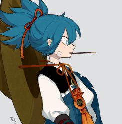 Rule 34 | 10s, 1boy, armor, artist name, blue hair, chin strap, food, hat, japanese armor, kote, l hakase, lowres, male focus, mouth hold, pocky, profile, sayo samonji, simple background, solo, touken ranbu