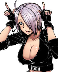 Rule 34 | 1girl, ahoge, angel (kof), bakuya, blue eyes, breasts, cleavage, fingerless gloves, gloves, hair over one eye, highres, horns pose, large breasts, light purple hair, lips, mexico, silver hair, simple background, snk, solo, the king of fighters, upper body, white background