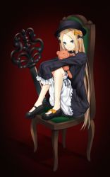 Rule 34 | 1girl, abigail williams (fate), black bow, black dress, black hat, bloomers, blue eyes, blush, bow, chair, closed mouth, dress, fate/grand order, fate (series), fedora, footwear bow, frilled sleeves, frills, full body, gradient background, hair bow, hands in opposite sleeves, hat, highres, hiraba 6018, key, knees to chest, knees up, long hair, long sleeves, mary janes, no socks, orange bow, oversized object, parted bangs, red background, shoes, sitting, smile, solo, straight hair, striped clothes, striped dress, stuffed animal, stuffed toy, tareme, teddy bear, underwear, vertical-striped clothes, vertical-striped dress, very long hair, white bloomers