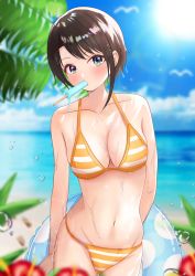 Rule 34 | 1girl, beach, bikini, black hair, blue eyes, blurry, breasts, cleavage, commentary request, cowboy shot, depth of field, halterneck, highres, hololive, innertube, looking at viewer, medium breasts, mouth hold, oozora halu, oozora subaru, oozora subaru (hololive summer 2019), outdoors, short hair, solo, string bikini, striped bikini, striped clothes, swept bangs, swim ring, swimsuit, virtual youtuber, yellow bikini
