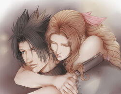 Rule 34 | 1boy, 1girl, aerith gainsborough, armor, arms around neck, bare shoulders, black hair, blue eyes, braid, braided ponytail, brown hair, closed eyes, commentary, couple, crisis core final fantasy vii, crylin6, english commentary, facial scar, final fantasy, final fantasy vii, hair ribbon, heads together, highres, hug, hug from behind, long hair, parted bangs, parted lips, pink ribbon, ribbed sweater, ribbon, scar, scar on cheek, scar on face, short hair, shoulder armor, sleeveless, sleeveless turtleneck, spiked hair, sweater, turtleneck, turtleneck sweater, upper body, zack fair