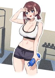 Rule 34 | 1girl, absurdres, baffu, blue eyes, bottle, breasts, cleavage, collarbone, commentary request, hand up, highres, holding, holding bottle, large breasts, looking to the side, midriff, navel, open mouth, original, red hair, short hair, short shorts, shorts, solo, sports bra, sportswear, sweat