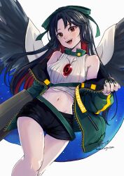 Rule 34 | 1girl, :d, absurdres, adapted costume, arm cannon, bare shoulders, bird wings, black hair, black shorts, collar, commentary request, feet out of frame, green collar, green jacket, green nails, hair ribbon, highres, hoshiringo0902, jacket, long hair, long sleeves, looking at viewer, midriff, nail polish, navel, off shoulder, open clothes, open jacket, open mouth, red eyes, reiuji utsuho, ribbon, shirt, shorts, signature, simple background, sleeveless, sleeveless shirt, smile, solo, touhou, weapon, white background, wings