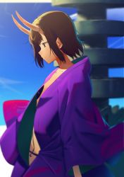 Rule 34 | 1girl, blue sky, blurry, blurry background, breasts, brown eyes, brown hair, closed mouth, commentary request, day, depth of field, fate/grand order, fate (series), from side, horns, japanese clothes, kimono, looking down, oni, open clothes, open kimono, outdoors, poligon (046), profile, purple kimono, short hair, shuten douji (fate), skin-covered horns, sky, small breasts, solo, standing, upper body