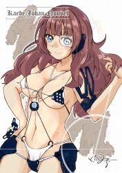 Rule 34 | 1girl, absurdres, artist name, assault lily, bikini, blue eyes, blunt bangs, breasts, brown hair, character name, closed mouth, commentary request, covered erect nipples, cowboy shot, grey background, groin, hair flip, halterneck, hand on own hip, highres, holding, kaede johan nouvel, long hair, looking ahead, medium breasts, naganuki shiki, navel, o-ring, o-ring bikini, o-ring bottom, scouter, signature, smile, solo, standing, stomach, string bikini, swimsuit, two-tone background, wavy hair, white background, white bikini