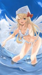 Rule 34 | 1girl, absurdres, alternate costume, bikini, blonde hair, blue eyes, blue sky, blush, bow, breasts, cleavage, cloud, commentary request, day, dutch angle, fairy wings, feathered wings, frilled bikini, frilled swimsuit, frills, from below, hat, hat bow, highres, leaning forward, lily white, long hair, looking at viewer, medium breasts, navel, one eye closed, open mouth, outstretched arms, outstretched hand, red bow, sidelocks, sky, solo, string bikini, swimsuit, touhou, very long hair, wading, water, water drop, wet, white bikini, white hat, white wings, wings, yamabukiiro (browncat)