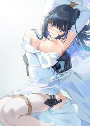 Rule 34 | 1girl, absurdres, armpits, arms up, black bow, black hair, blue archive, blue eyes, blue hair, blush, bound, bound wrists, bow, breasts, cleavage, colored inner hair, commentary request, dress, dress bow, elbow gloves, embarrassed, gloves, highres, holster, knife sheath, kokko (kokko3045), large breasts, long hair, looking at viewer, multicolored hair, restrained, saori (blue archive), saori (dress) (blue archive), sheath, side slit, simple background, solo, thigh holster, white background, white dress, white gloves