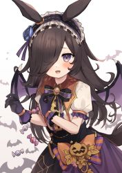 Rule 34 | 1girl, animal ears, bat (animal), bat wings, black dress, black hair, blush, bow, candy, cowboy shot, dress, dress bow, fangs, flower, food, gloves, goma (u p), hair flower, hair ornament, hair over one eye, halloween, hands up, horse ears, horse girl, horse tail, long hair, maid headdress, multicolored clothes, multicolored dress, open mouth, orange dress, purple dress, purple eyes, purple gloves, rice shower (make up vampire!) (umamusume), rice shower (umamusume), short sleeves, simple background, solo, spread wings, tail, umamusume, white dress, wings