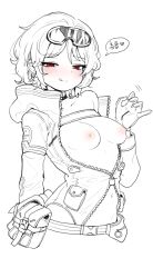 Rule 34 | 1girl, girls&#039; frontline, goggles, jacket, looking at viewer, monochrome, nago purin, nipples, pm-06 (girls&#039; frontline), red eyes, solo, white background