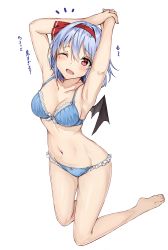 Rule 34 | 1girl, ;d, absurdres, amagi (amagi626), armpits, arms up, barefoot, bat wings, blue bra, blue hair, blue panties, blush, bow, bow panties, bra, breasts, cleavage, collarbone, commentary request, eyelashes, fang, full body, highres, kneeling, light blue hair, looking at viewer, medium breasts, mini wings, navel, notice lines, one eye closed, open mouth, panties, red eyes, remilia scarlet, short hair, simple background, skin fang, smile, solo, stomach, thighs, touhou, underwear, white background, wings