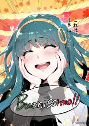 Rule 34 | 1girl, blue hair, blush, cleopatra (fate), close-up, comic, fate/grand order, fate (series), hairband, hands on own cheeks, hands on own face, heart, highres, italian text, long sleeves, open mouth, redrop, smile, solo, sparkle, translation request, twitter username