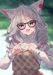 Rule 34 | 1girl, :d, absurdres, animal ear fluff, animal ears, black-framed eyewear, blurry, blurry background, braid, brown dress, commentary request, commission, depth of field, dress, flower, glasses, grey hair, heterochromia, highres, hinata (user rjkt4745), long hair, long sleeves, looking at viewer, open mouth, original, outdoors, puffy long sleeves, puffy sleeves, purple eyes, red eyes, red flower, red rose, rose, shirt, skeb commission, sleeveless, sleeveless dress, sleeves past wrists, smile, solo, thick eyebrows, upper body, white shirt