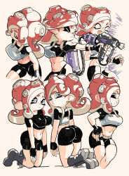 Rule 34 | 1girl, belt, black gloves, black shirt, black shorts, boots, crop top, cropped legs, fingerless gloves, gloves, grey eyes, grey footwear, looking at viewer, midriff, multiple views, navel, nintendo, octoling, octoling player character, one eye closed, profile, red hair, shirt, shorts, splatoon (series), suction cups, tan background, tentacle hair, yuta agc