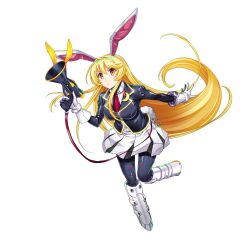 Rule 34 | 1girl, adapted costume, alternate eye color, alternate hair color, animal ears, black jacket, blazer, blonde hair, breasts, closed mouth, full body, game cg, gloves, gun, highres, holding, holding gun, holding weapon, jacket, large breasts, long hair, long sleeves, looking at viewer, lunatic gun, necktie, rabbit ears, rabbit girl, rabbit tail, red necktie, reisen udongein inaba, reisen udongein inaba (lunatic space youkai), rotte (1109), shirt, simple background, solo, tail, third-party source, touhou, touhou lostword, weapon, white background, white gloves, white shirt, yellow eyes