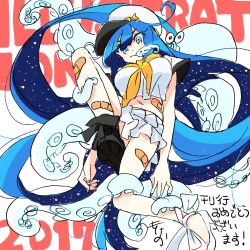 Rule 34 | 1girl, 2017, absurdly long hair, blue hair, blue nails, breasts, green eyes, hat, high heels, highres, illustration.media, knee up, large breasts, long hair, midriff, mokeo, nail polish, navel, neckerchief, octopus, original, pleated skirt, shirt, skirt, solo, suction cups, tentacles, very long hair, white footwear, white hat, white shirt, white skirt, yellow neckerchief