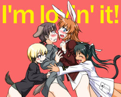 Rule 34 | 4girls, animal ears, black hair, blue eyes, blush, grabbing another&#039;s breast, breast press, breasts, brown eyes, brown hair, charlotte e. yeager, closed eyes, english text, erica hartmann, fang, francesca lucchini, gertrud barkhorn, grabbing, large breasts, long hair, mcdonald&#039;s, military, military uniform, multiple girls, oosaka kanagawa, rabbit girl, shipping (fandom), short hair, smile, strike witches, sweat, symmetrical docking, tail, twintails, uniform, world witches series
