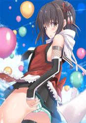 Rule 34 | 10s, 1girl, adjusting clothes, adjusting panties, ass, balloon, bare shoulders, black skirt, blue sky, blush, breasts, brown eyes, brown hair, cloud, day, elbow gloves, fingerless gloves, frills, from side, gloves, hair ornament, kantai collection, lens flare, looking at viewer, looking back, open mouth, panties, pantyshot, scarf, school uniform, sendai (kancolle), sendai kai ni (kancolle), serafuku, single thighhigh, skirt, sky, small breasts, solo, standing, striped clothes, striped panties, takanashi haruto, thighhighs, two side up, underwear, white scarf