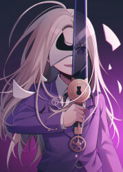 Rule 34 | 1boy, ahoge, blonde hair, broken mask, closed mouth, collared shirt, hand up, highres, holding, holding sword, holding weapon, jacket, keyhole, long hair, long sleeves, makoto kagutsuchi, male focus, mask, master detective archives: rain code, open mouth, purple background, purple eyes, purple hair, purple jacket, qiao xing, reflection, reflective weapon, shirt, smile, solo, spoilers, sword, upper body, weapon, white shirt, yuma kokohead