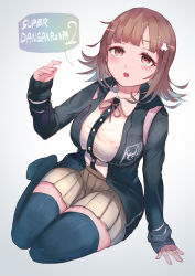 Rule 34 | 1girl, absurdres, alternate eye color, arm support, backpack, bag, black jacket, black shirt, black thighhighs, blunt bangs, blush, breasts, brown eyes, brown hair, collared shirt, commentary request, copyright name, danganronpa (series), danganronpa 2: goodbye despair, flipped hair, galaga, green jacket, hair ornament, hairclip, hand up, highres, jacket, large breasts, long sleeves, looking at viewer, looking up, medium hair, miniskirt, nanami chiaki, neck ribbon, open clothes, open jacket, open mouth, orr (kkkkbbbbc), pink ribbon, pleated skirt, ribbon, shirt, shirt tucked in, short hair, simple background, sitting, skirt, sleeves past wrists, solo, thighhighs, white background, white shirt, yokozuwari, zettai ryouiki