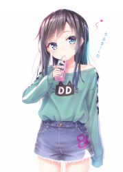 Rule 34 | 1girl, alternate costume, asashio (kancolle), black hair, blue eyes, cowboy shot, denim, denim shorts, drinking, gotou hisashi, heart, highres, juice box, kantai collection, long hair, oversized clothes, oversized shirt, shirt, shorts, simple background, sleeves past fingers, sleeves past wrists, solo, sweater, thighs, translation request, white background