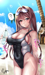 Rule 34 | 1girl, ?, absurdres, beach, black choker, bottle, breasts, brown hair, choker, cleavage, competition swimsuit, covered navel, cowboy shot, curvy, day, goddess of victory: nikke, goggles, goggles on head, highleg, highleg swimsuit, highres, holding, holding bottle, large breasts, lens flare, long hair, looking at viewer, one-piece swimsuit, outdoors, palm tree, parted lips, rapi (classic vacation) (nikke), rapi (nikke), red eyes, sideboob, signdasuyo, spoken question mark, swimsuit, taut clothes, tree, very long hair, water bottle, wide hips