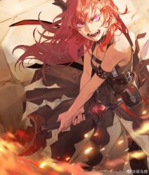 Rule 34 | angry, arknights, artist request, bare shoulders, chest strap, demon girl, demon horns, fire, glowing, glowing eyes, horns, image sample, purple eyes, red hair, surtr (arknights), sword, weapon, weibo sample