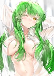 Rule 34 | 1girl, ;o, absurdres, arms behind head, breasts, c.c., code geass, commentary, hair between eyes, highres, kou mashiro, large breasts, long hair, long sleeves, looking at viewer, navel, one eye closed, open clothes, open shirt, shirt, solo, symbol-only commentary, white shirt, yellow eyes
