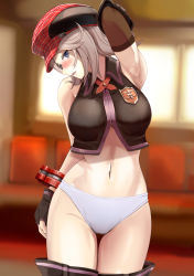 Rule 34 | 1girl, alisa ilinichina amiella, arm up, armpits, bare shoulders, blue eyes, blush, breasts, chicken (chickenx), elbow gloves, fingerless gloves, gloves, god eater, graphite (medium), hat, highres, large breasts, long hair, mechanical pencil, midriff, navel, panties, pantyshot, pencil, silver hair, skirt, sleeveless, solo, traditional media, underwear