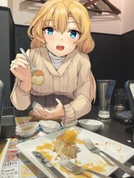 Rule 34 | 1girl, abukuma (kancolle), aqua eyes, blonde hair, cup, drinking glass, feeding, food, fork, holding, holding fork, jewelry, k jie, kantai collection, leaning forward, long hair, multiple views, official alternate costume, photo background, plate, pov, ring, sweater, upper body, wedding ring, yellow sweater