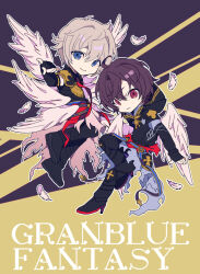 Rule 34 | 2boys, ahoge, armor, belt, blue belt, boots, breastplate, brown hair, cape, chibi, commentary request, elbow gloves, english text, expressionless, feathered wings, feathers, fingerless gloves, floating, full body, gloves, granblue fantasy, hair between eyes, high heel boots, high heels, hood, hood down, light smile, looking at viewer, lucifer (shingeki no bahamut), messy hair, multiple boys, multiple wings, pointing, pointing at viewer, red ribbon, ribbon, sandalphon (granblue fantasy), short hair, short sleeves, side-by-side, simple background, sweet love4s, torn cape, torn clothes, white cape, white feathers, white hair, white wings, wings